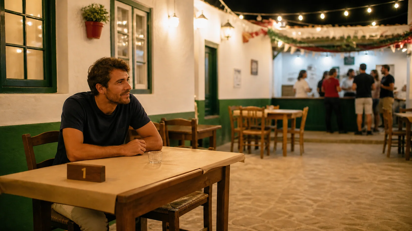 Cliente sentado na Mesa 1 de uma tasquinha portuguesa